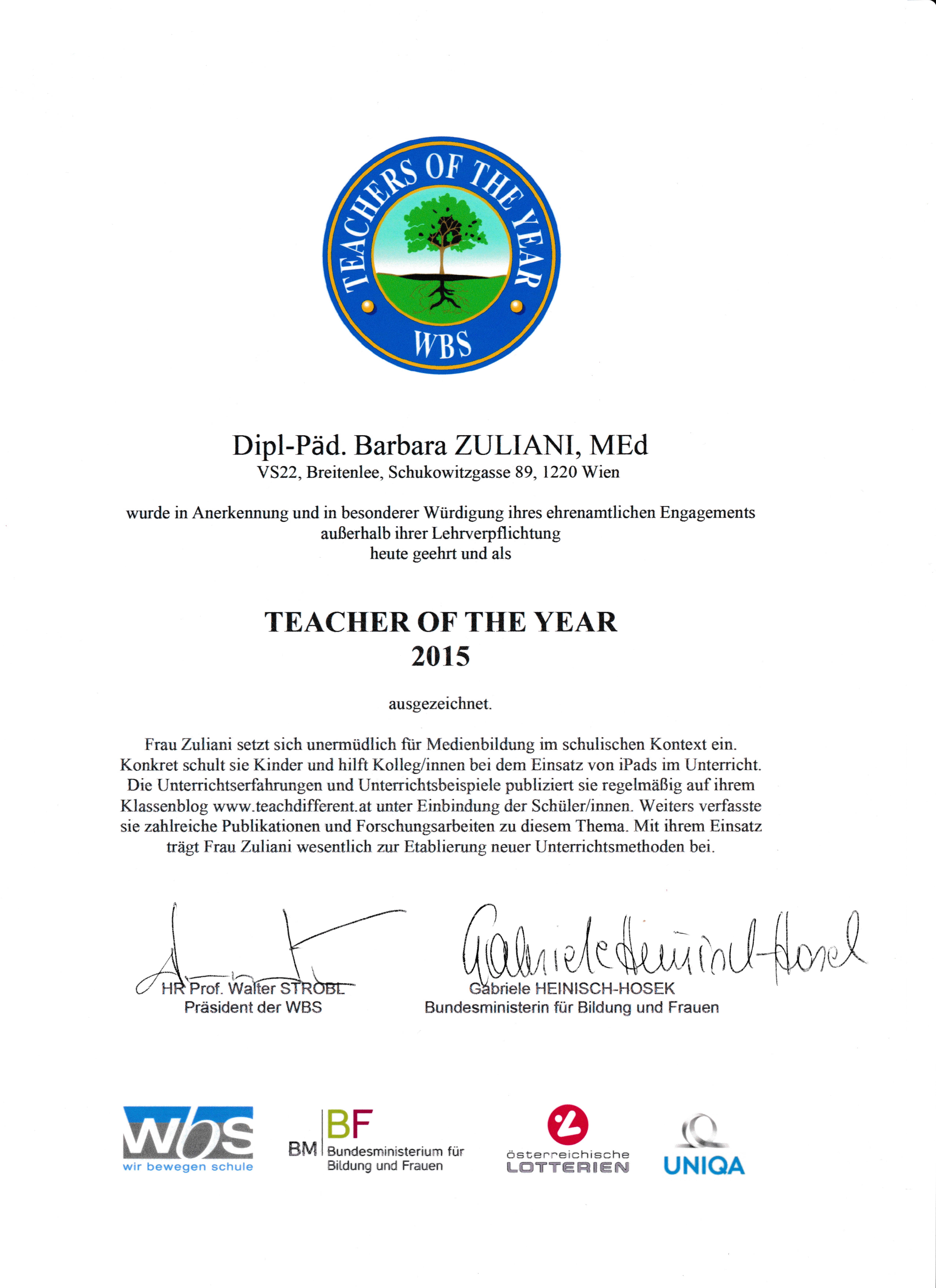 2015_Teacher of the year Award